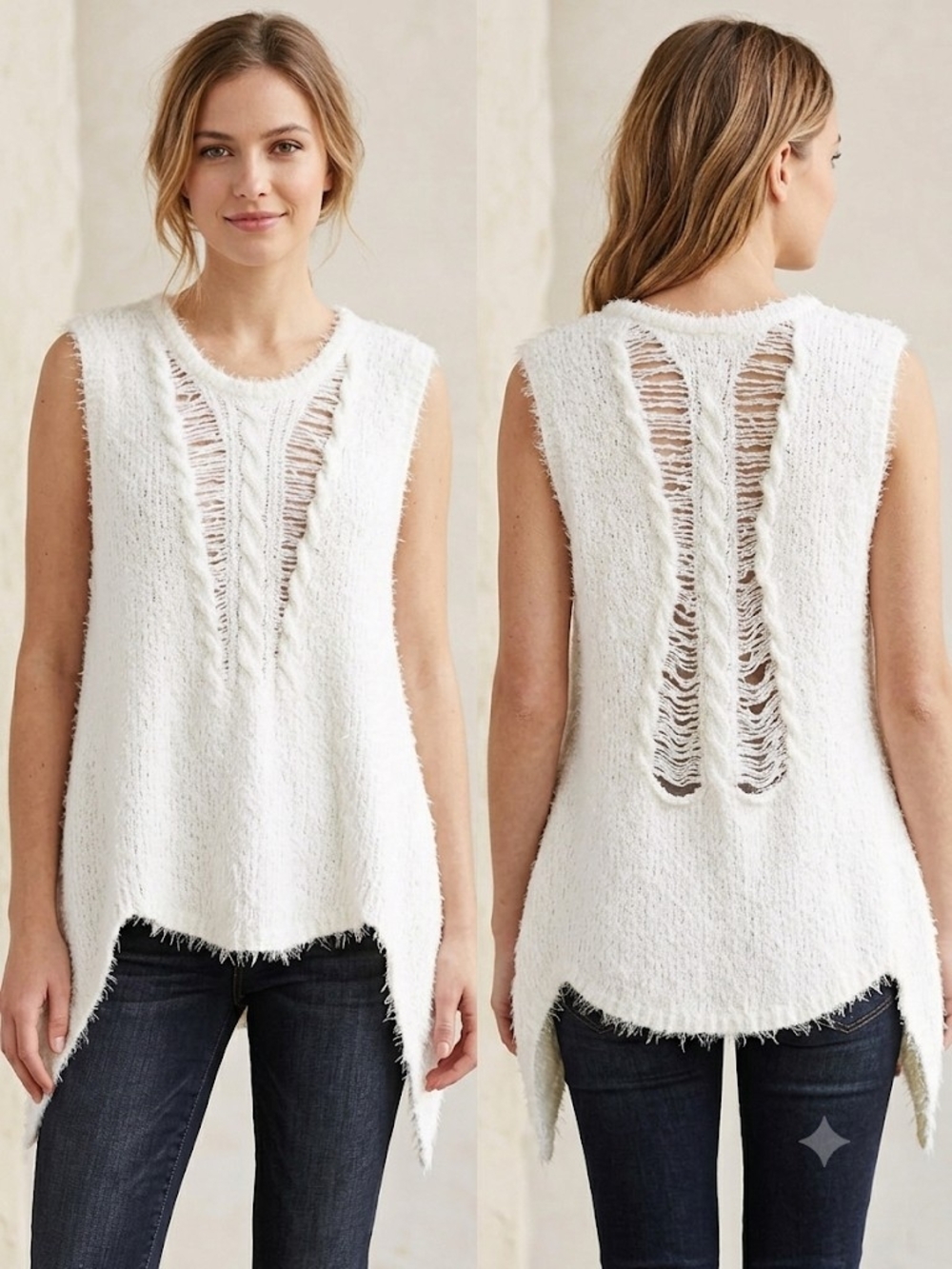 POL White Distressed Knit Sleeveless Top
